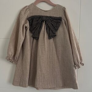 Zara Beige Toddler Dress with Black Gingham Bow